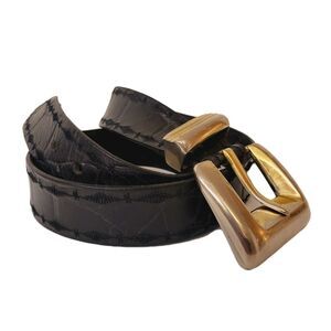 Doppia Vita Made In Italy Leather Black Embossed Gold Buckle Women Belt